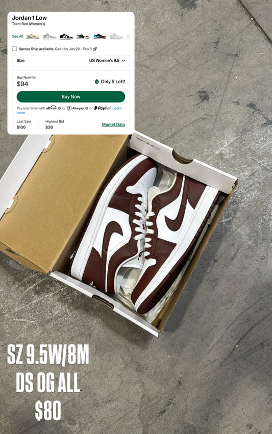 3 Pk - Jordan 1 Low Team Red SZ 9.5W , Jordan 1 Mid Light Dew SZ 6W & Jordan 1 Low Brown Corduroy SZ 5.5W