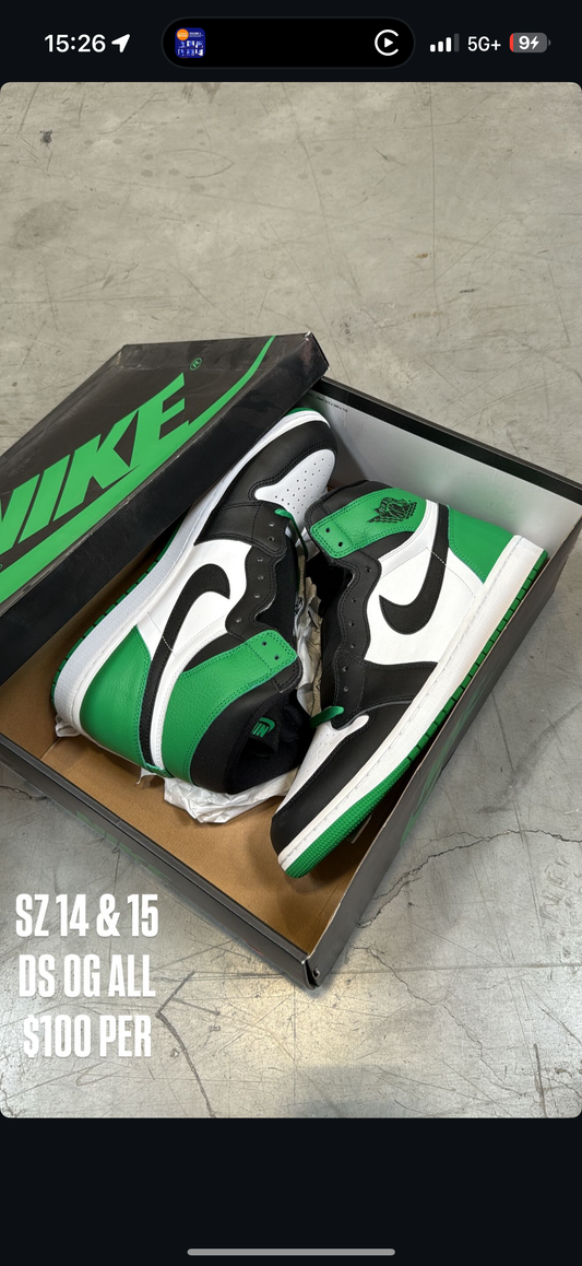 (3) Jordan 1 Lucky Green SZ 14, Jordan 1 Lucky Green SZ 15, Jordan 1 Low Craft Inside Out SZ 13