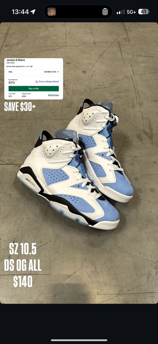 Jordan 6 UNC White SZ 10.5