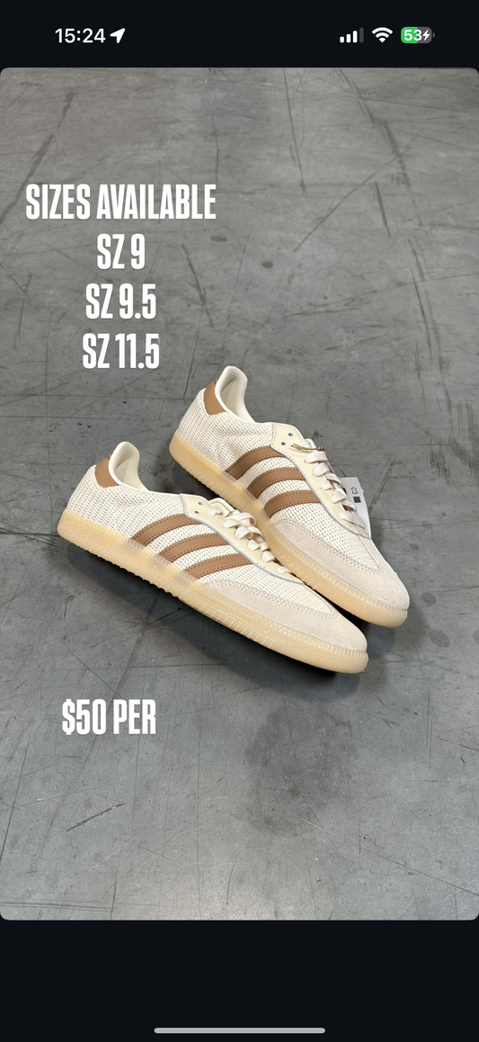 (2) Adidas Samba Cream Cardboard SZ 11.5 & Adidas Samba Vanchetta Tan SZ 10.5