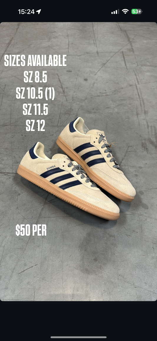 (2) Adidas Samba Cream Cardboard SZ 11.5 & Adidas Samba Vanchetta Tan SZ 10.5