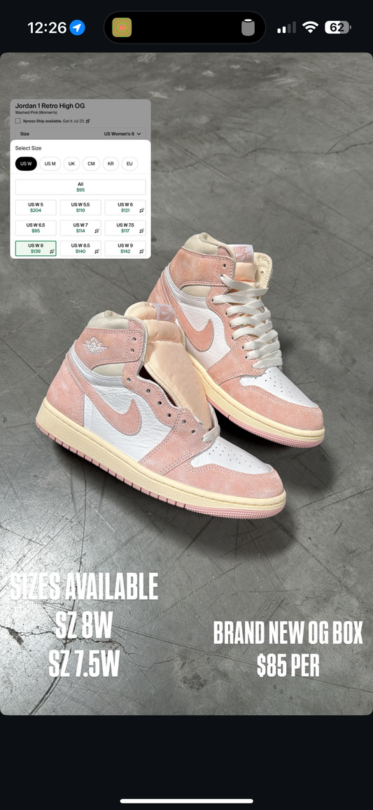 (2) Jordan 1 Washed Pink SZ 8W & 7.5W