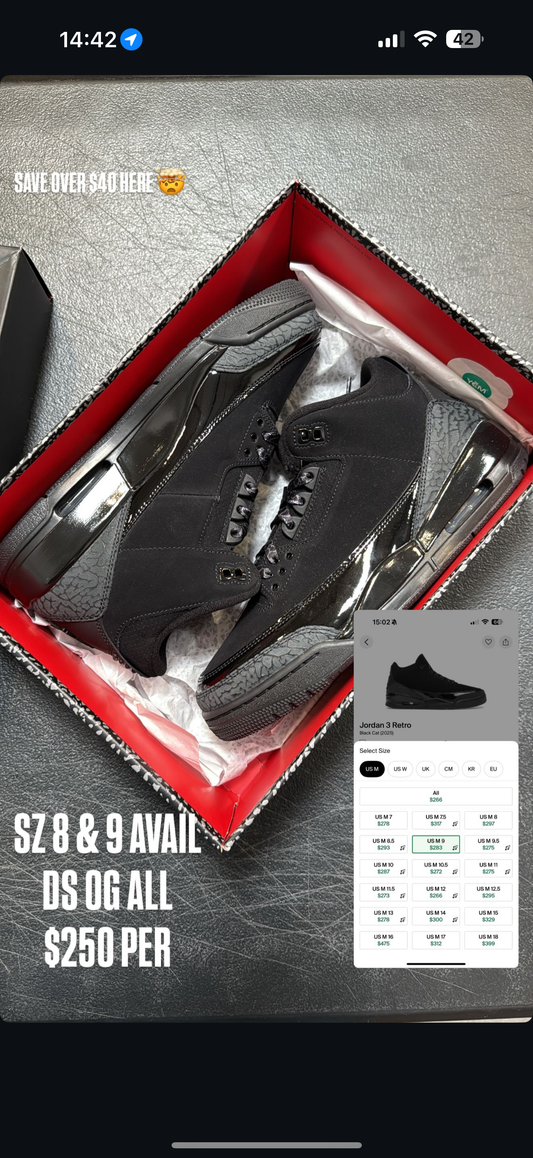 (2) Jordan 3 Black Cat SZ 9