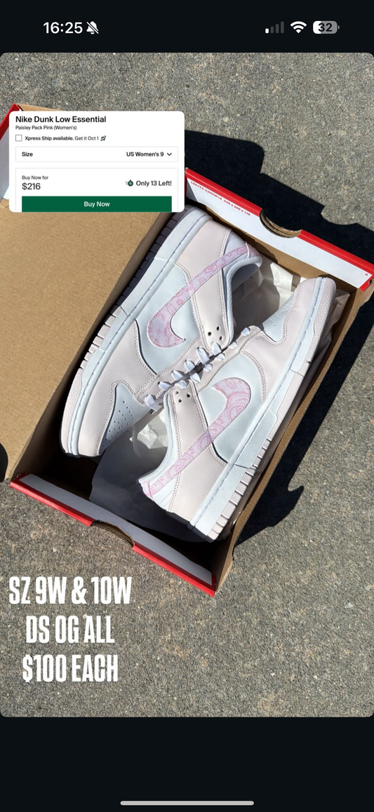 (2) Nike Dunk Low Pink Paisley SZ 9W & 10W