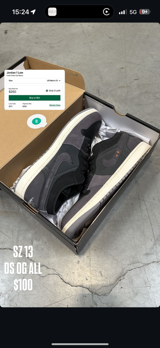 (3) Jordan 1 Lucky Green SZ 14, Jordan 1 Lucky Green SZ 15, Jordan 1 Low Craft Inside Out SZ 13